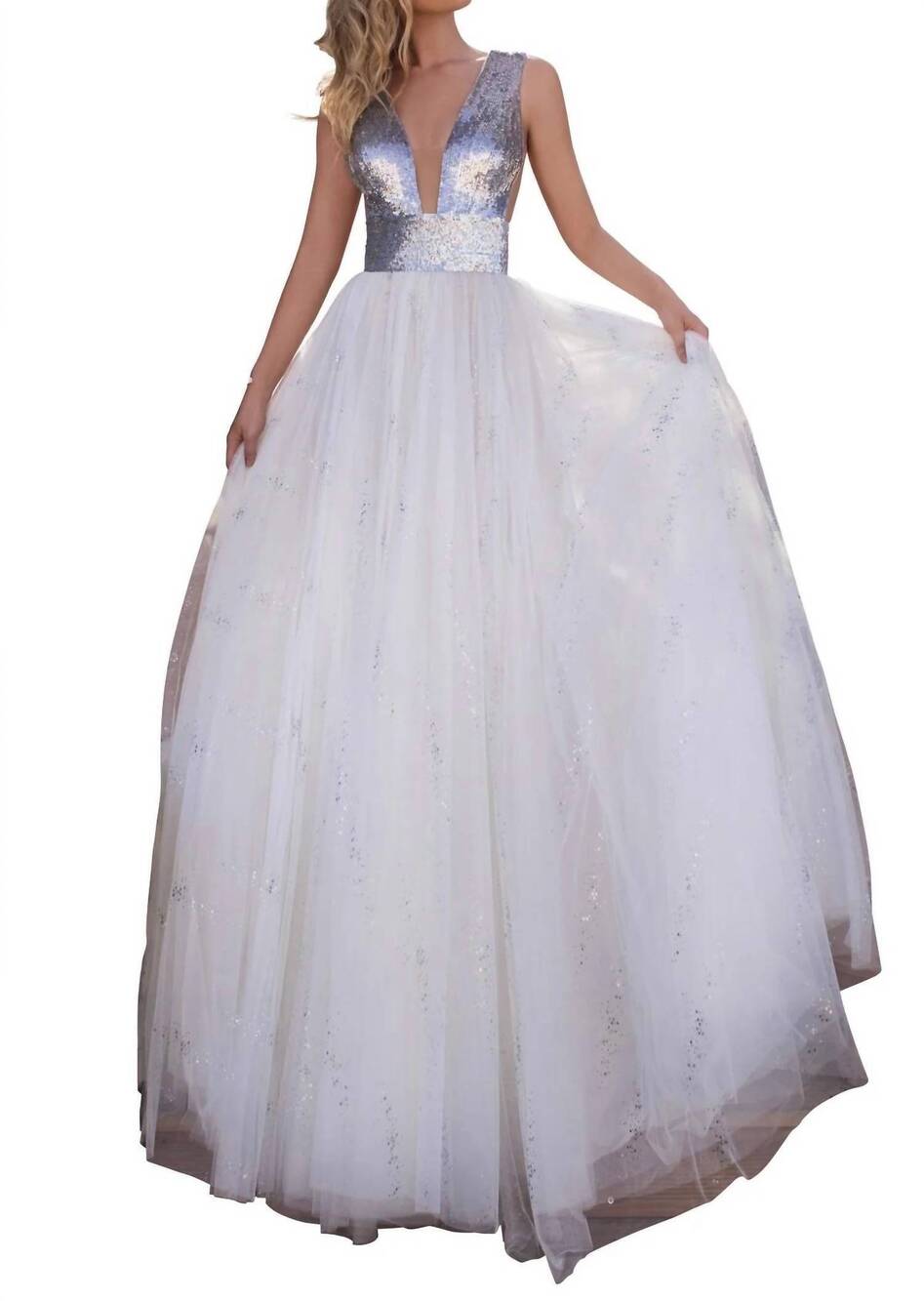 NEW TARIK EDIZ shimmering plunging neckline a-line gown in ivory